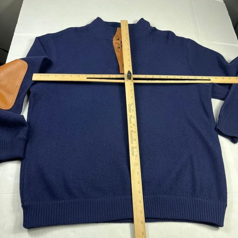 Orvis Mens 1/4 Snap Button Wool Sweater Blue Faux Leather Trim Rugged Pullover L